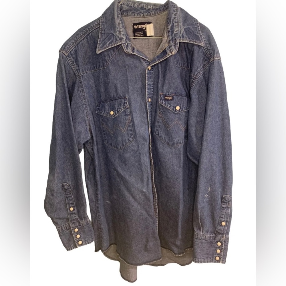 Vtg Wrangler 16.5-33 Distressed Denim Pearl Snap L/S‎ Western Ranch Shirt
